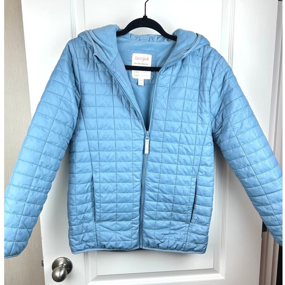 Cat & Jack Kids Light Blue Quilted Puffer Jacket Fleece Lined Hooded XL 14‎